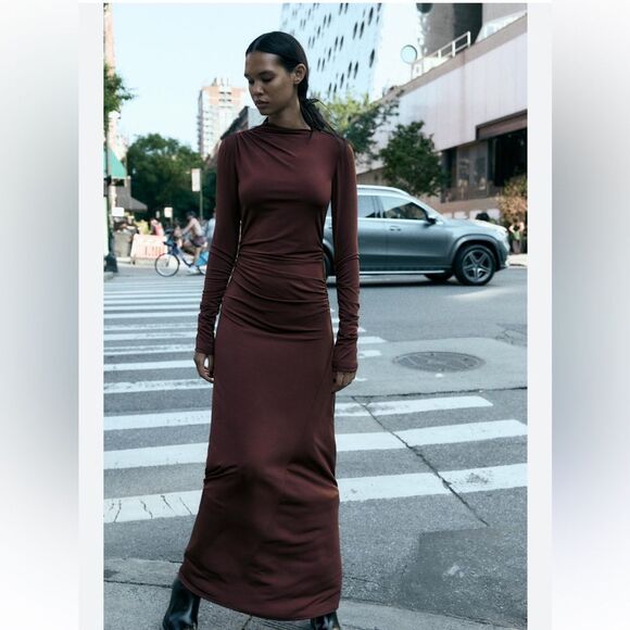 Zara Long Sleeve Mock Neck draped Bodycon Dress XS - Picture 1 of 13